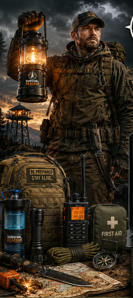 Prepared man holding a storm lantern in tactical outdoor gear at dusk