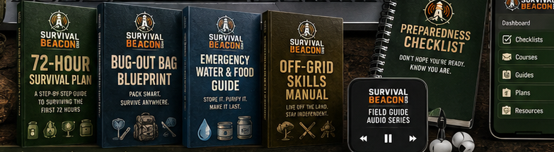 The SurvivalBeacon component set: 72-Hour Survival Plan, Bug-Out Bag Blueprint, Emergency Water & Food Guide, Off-Grid Skills Manual, Preparedness Checklist and Field Guide audio series